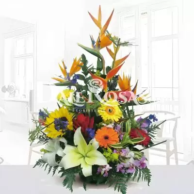 Diseño Floral Exótico Columba - Flores Tropicales - Este lindo arreglo floral exótico se encuentra elaborado sobre base de madera rústica, se compone de lirios, gerberas, aves del paraíso, heliconias, girasol y follajes verdes. Es ideal para cualquier ocasión. Te recomendamos acompañar este diseño con globos, chocolates, peluches o vinos para hacer aún más especial tu detalle, en el siguiente paso de la compra puedes agregar a tu orden estos productos si lo deseas. - Dalerosas
