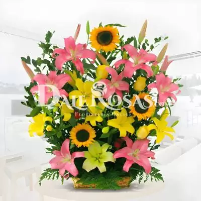 Diseño Floral Tropical - Flores Tropicales - Sorprenda a ese ser especial enviándole este hermoso arreglo de flores tropicales finamente elaborado en una canasta, Los girasoles, lirios y rosas hacen de este arreglo un detalle que esa persona jamás olvidará. Te recomendamos acompañar este diseño con globos, chocolates, peluches o vinos para hacer aún más especial tu detalle, en el siguiente paso de la compra puedes agregar a tu orden estos productos si lo deseas. - Dalerosas